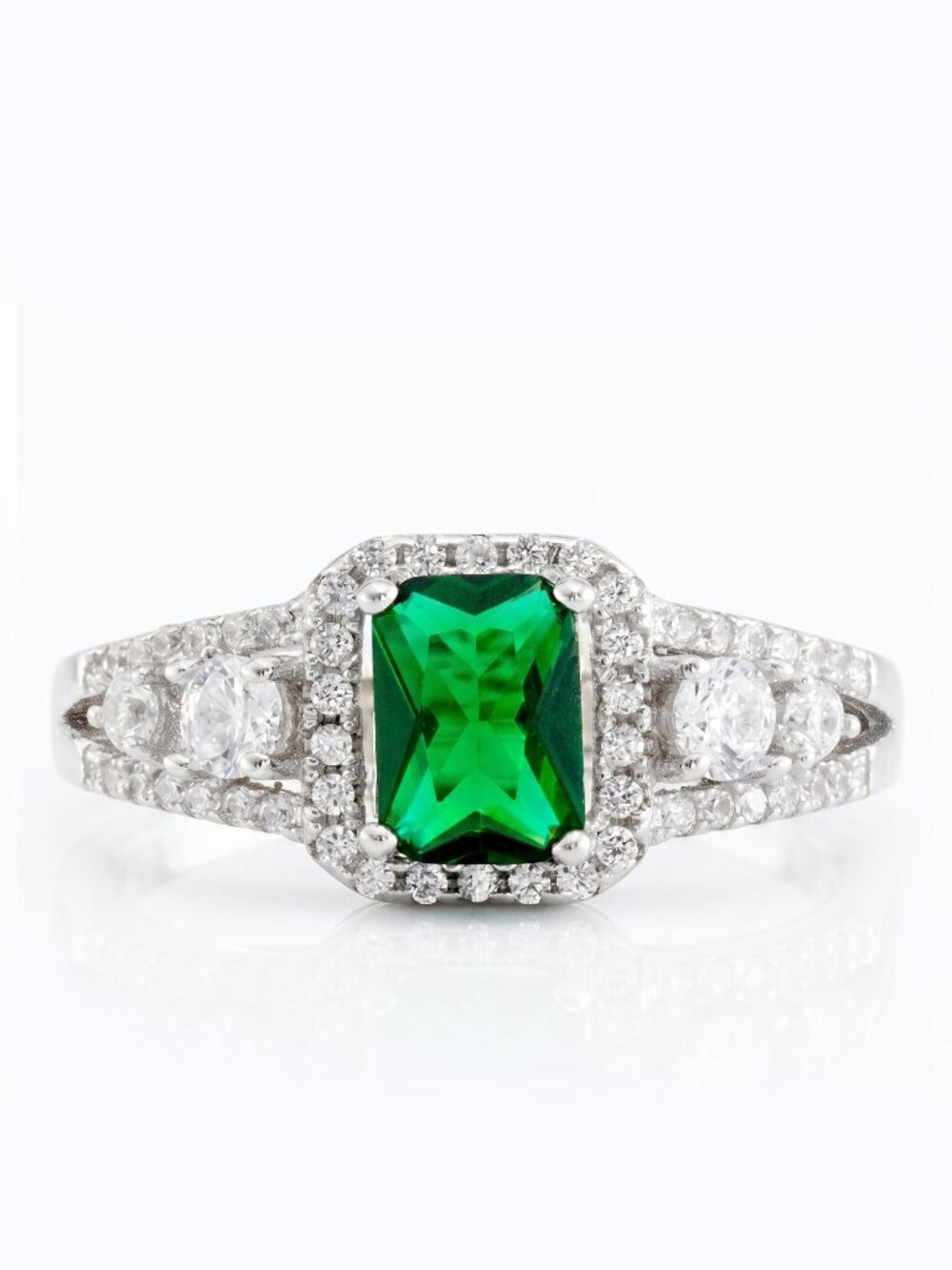 Emerald Cut Green Gemstone Ring, 925 Sterling Silver